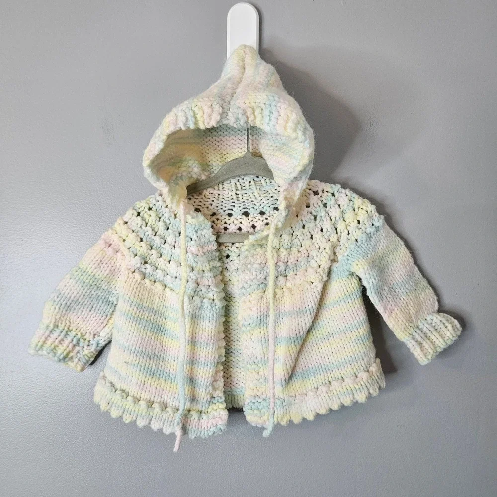 Handmade Pastel Striped Chunky Knit Hooded Baby Toddler Cardigan Sweater